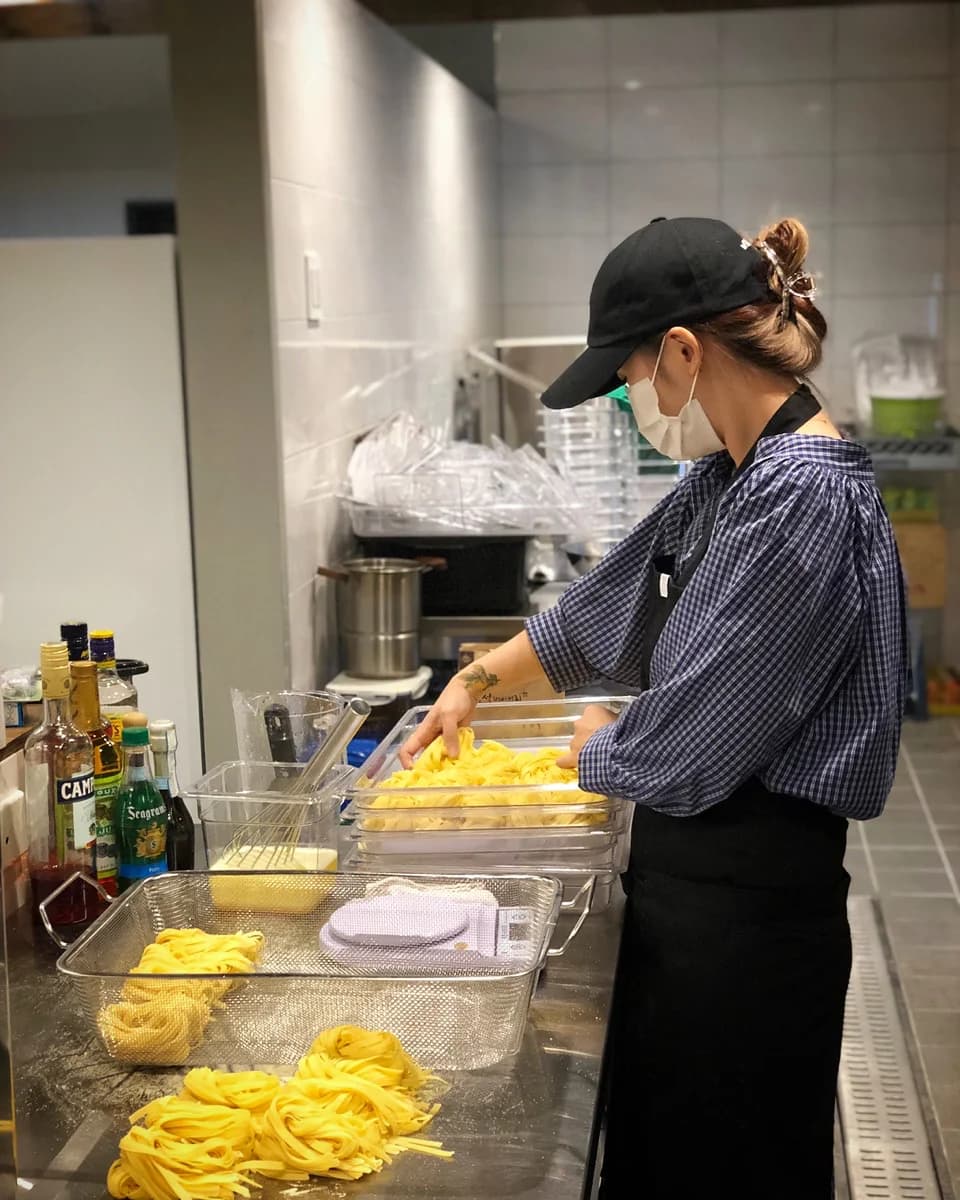 Chef Cho Ahreum preparing fresh pasta at Anitta in Geumak