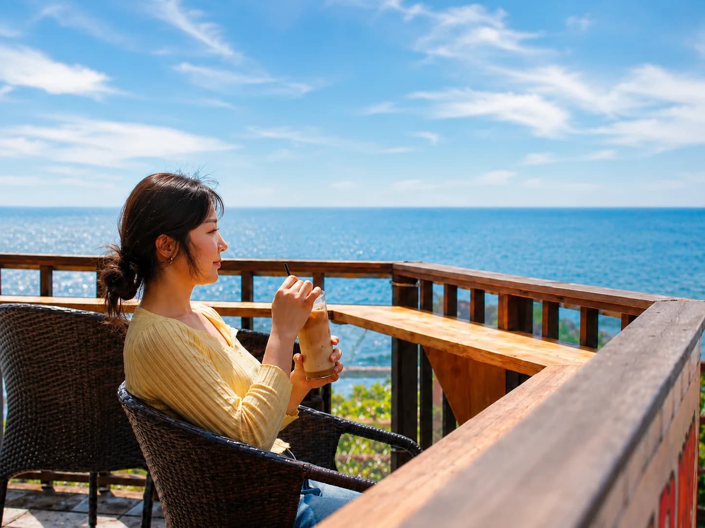 A visitor looking out to sea from the terrace at Witch’s Hill Jeju