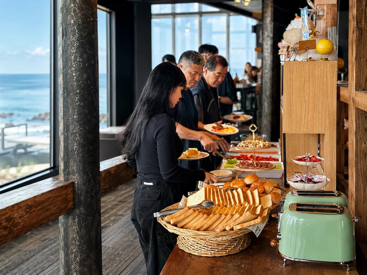 Guests at the brunch buffet beside the ocean-view windows
