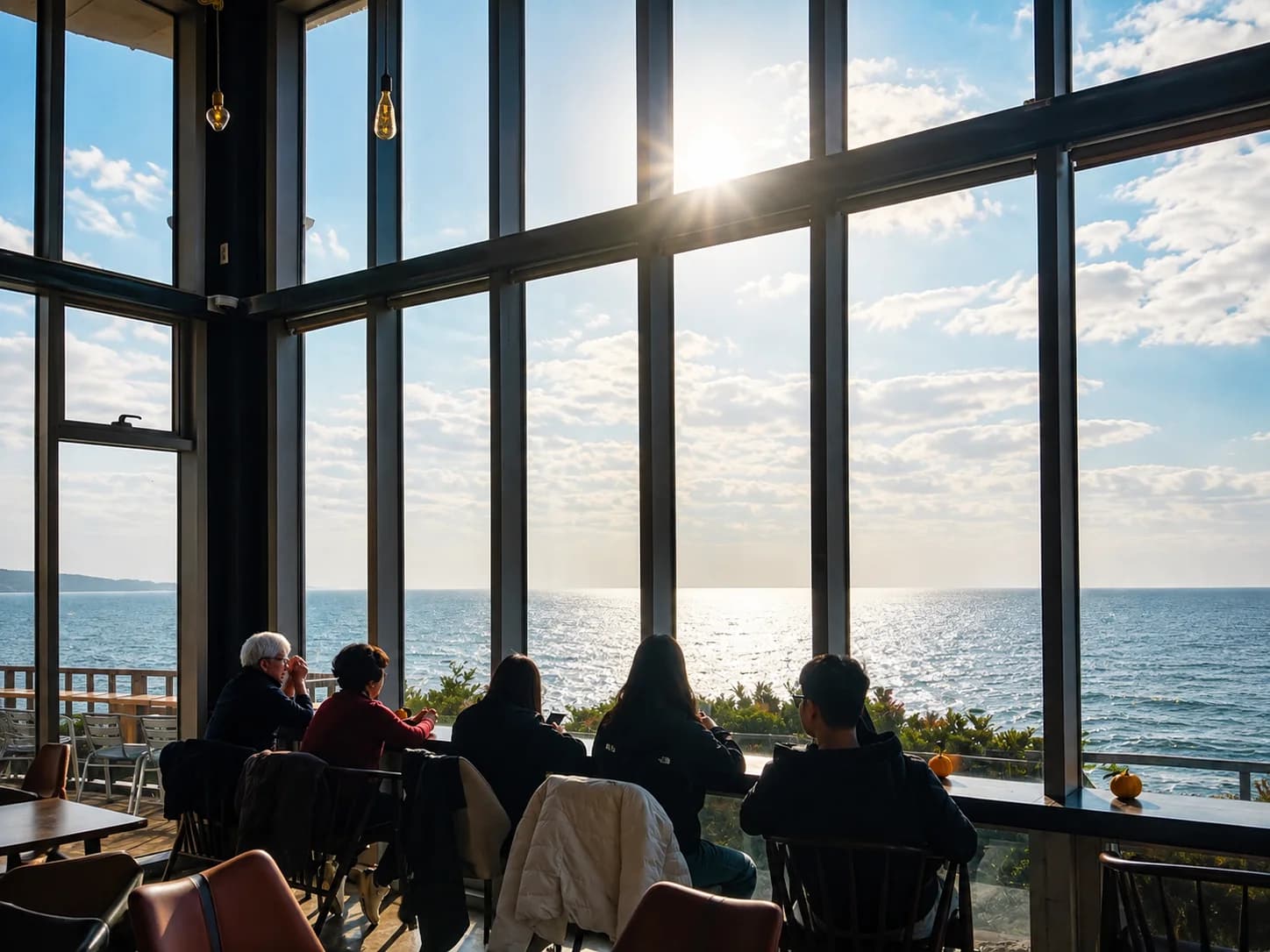 Visitors seated by the windows and looking toward the sea