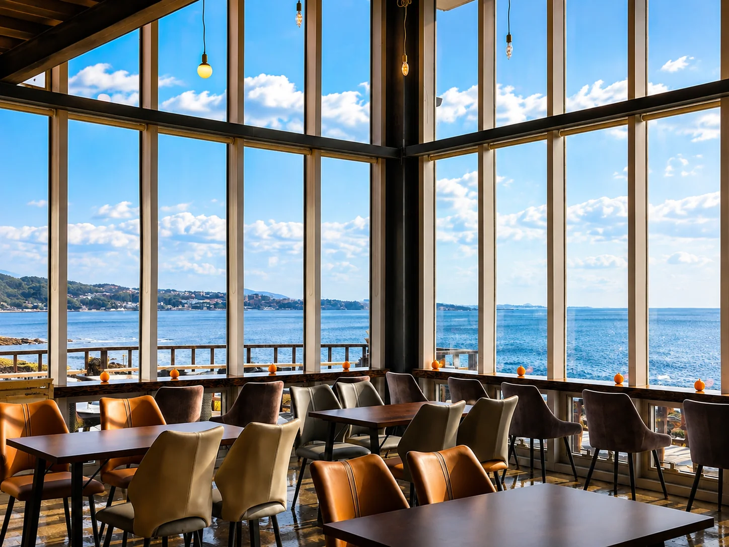 Wide interior with tall windows overlooking the sea at Witch’s Hill Jeju