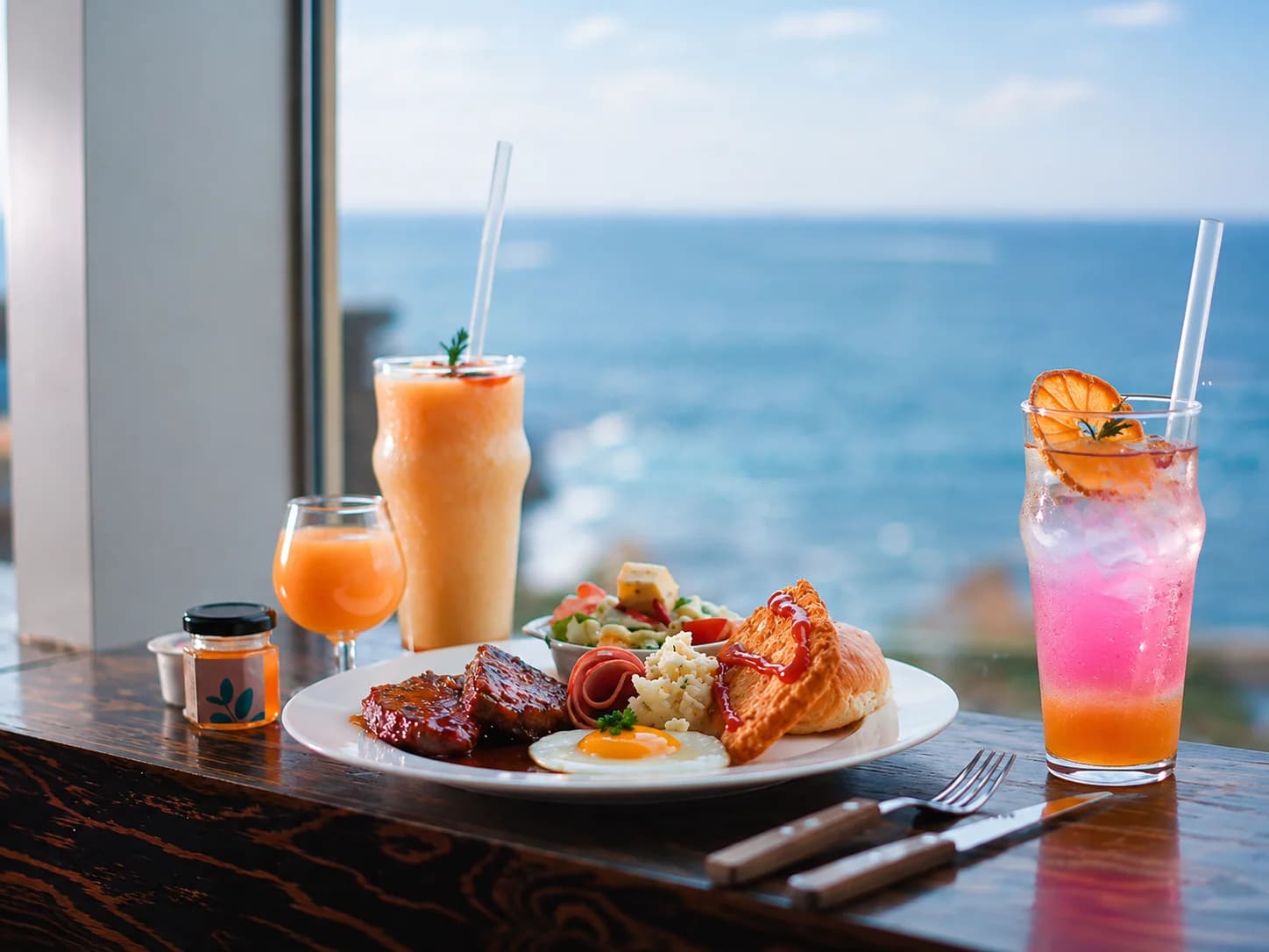 A brunch plate and drinks set against the sea