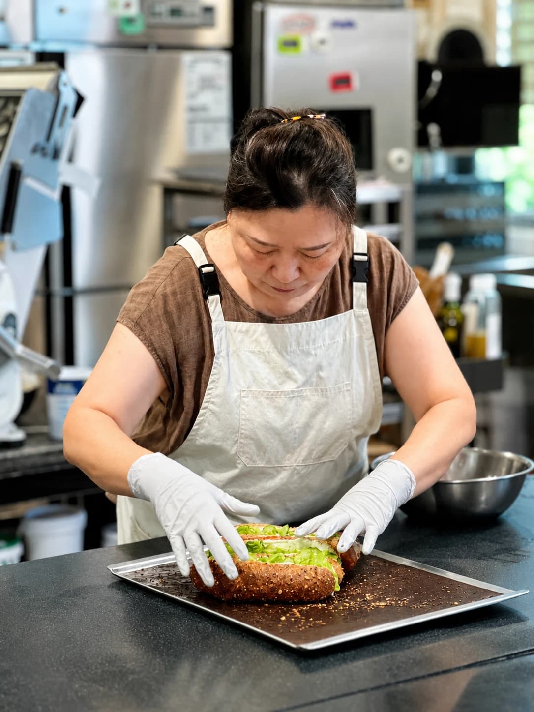 Lee Kyungsoon preparing sandwiches with bread and fresh ingredients